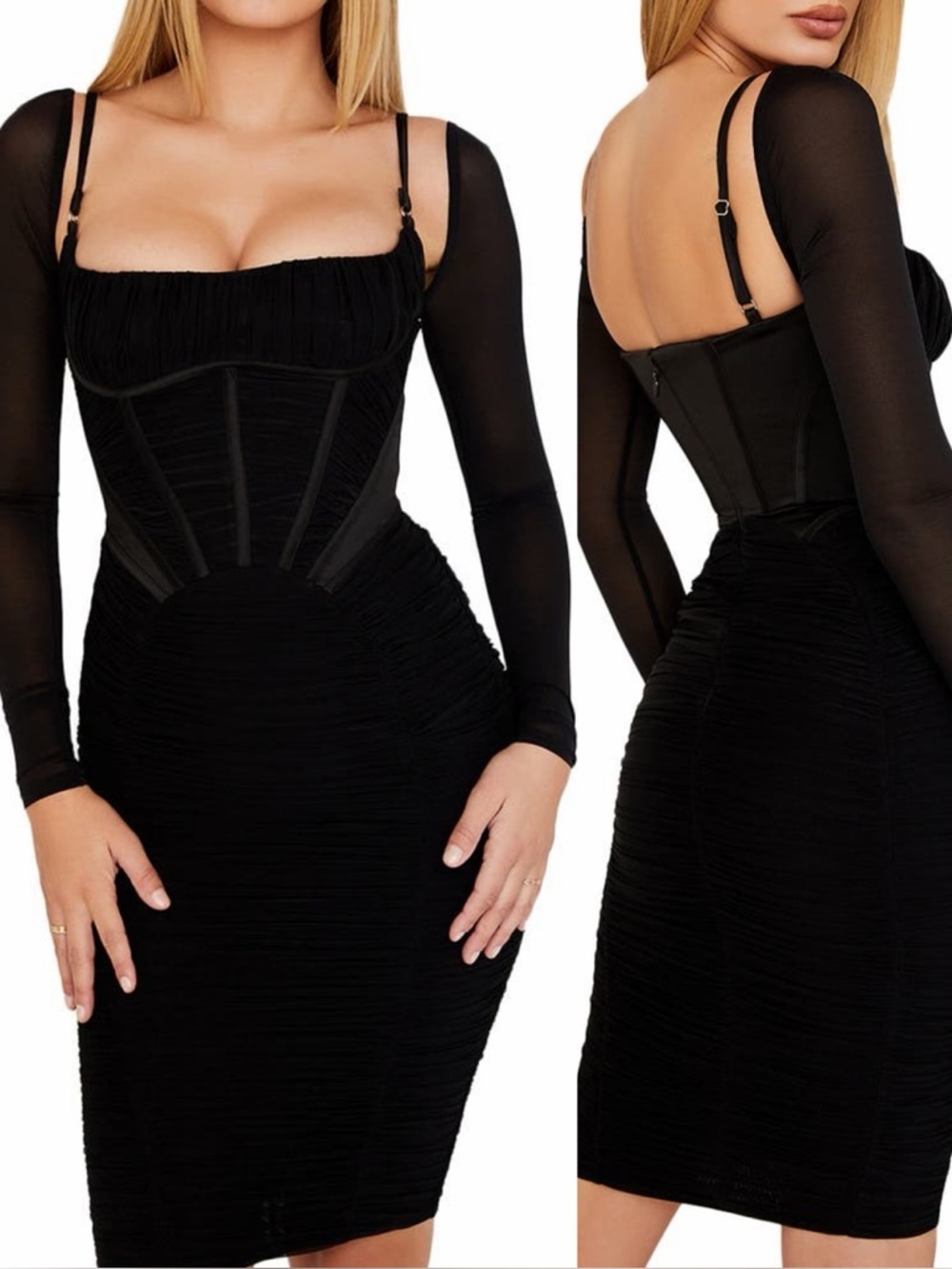 House Of CB Freyja Satin Ruched Long Sleeve Body-Con Dress